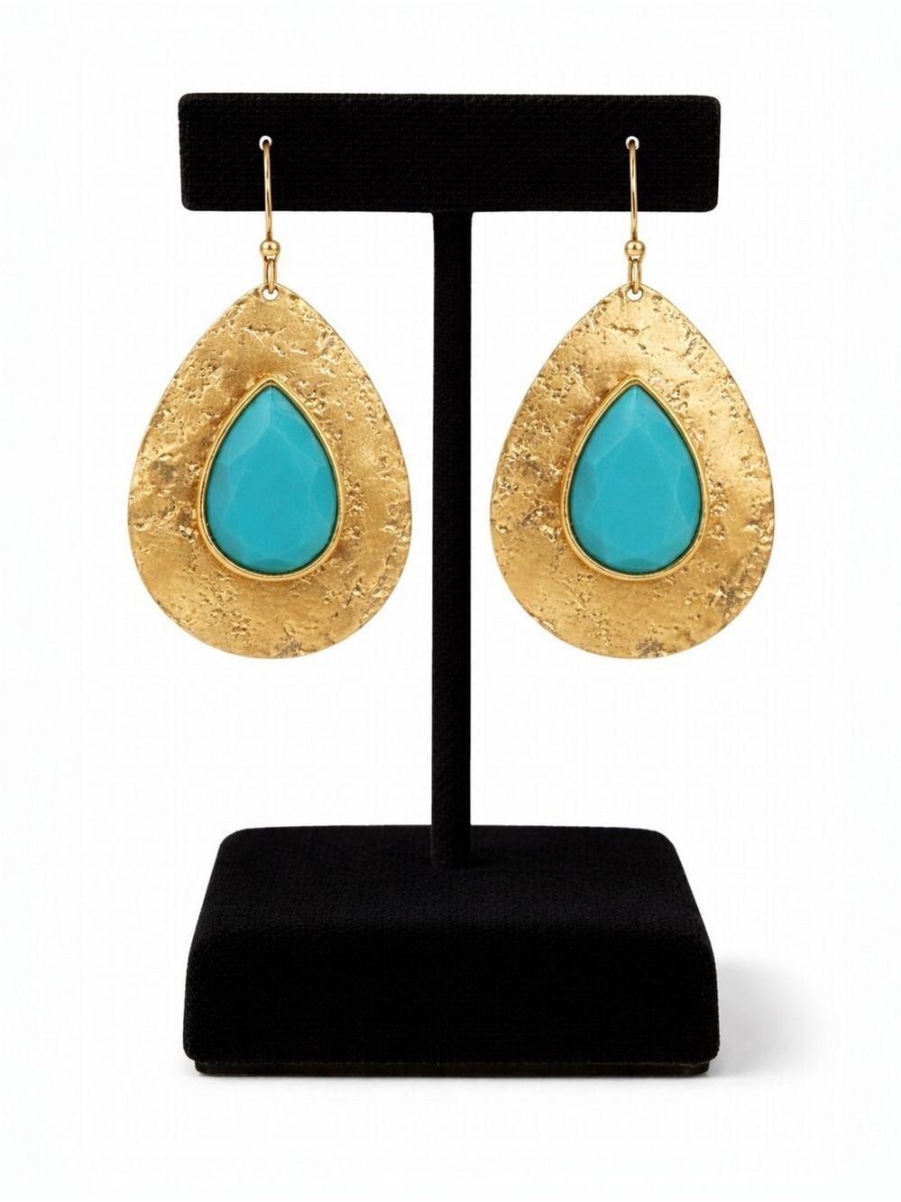 Hammered Goldtone Teardrop Earrings Turquoise Stone 2” Drop Boho Statement